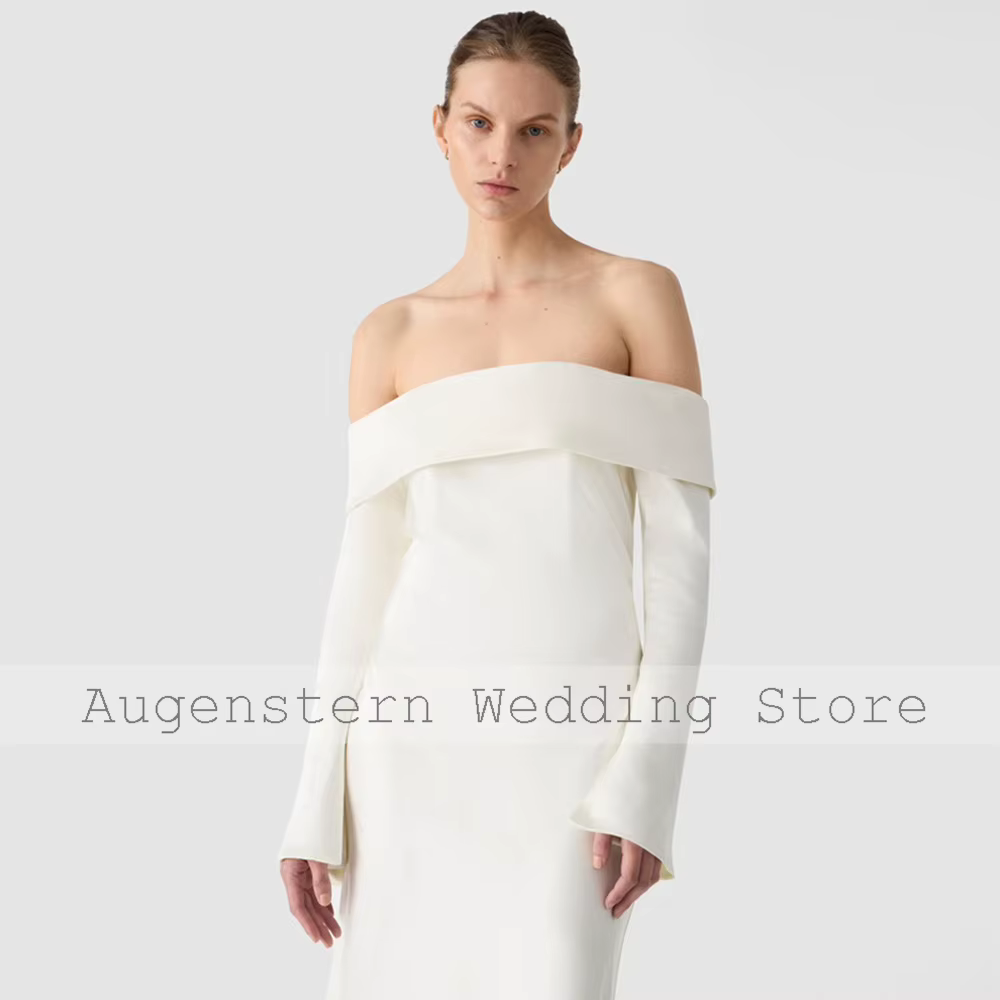 Robes de mariée civiles formelles en satin blanc plissé, robes de soirée élégantes pour femme, coupe droite, épaules dénudées, robes de mariée 2024 pour femmes