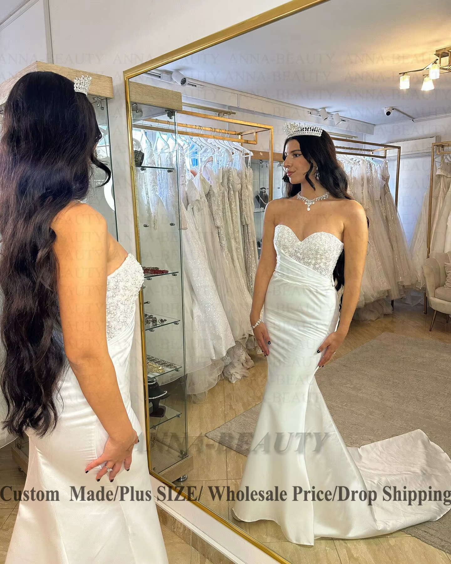Anna attrayant chérie robe De mariée demi manches bouffantes paillettes trompette laçage Satin