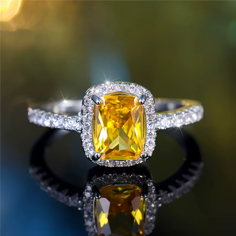 Bague en pierre de Zircon carrée jaune pour femme, breloque mignonne, couleur argent, bijoux de mariage d'été pour femmes
