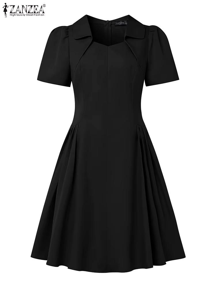 ZANZEA élégant Chic robes noires femmes mode col carré manches courtes taille froncée genou longueur robe de soirée verres dames