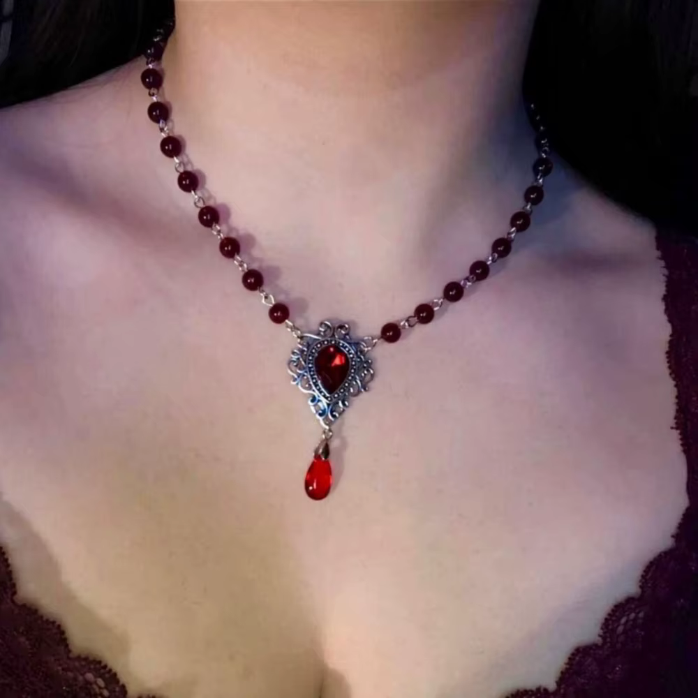 Victoria gothique argent couleur dentelle rouge goutte d'eau verre cristal pendentif perle chaîne collier pour femmes Rose sorcière bijoux cadeau