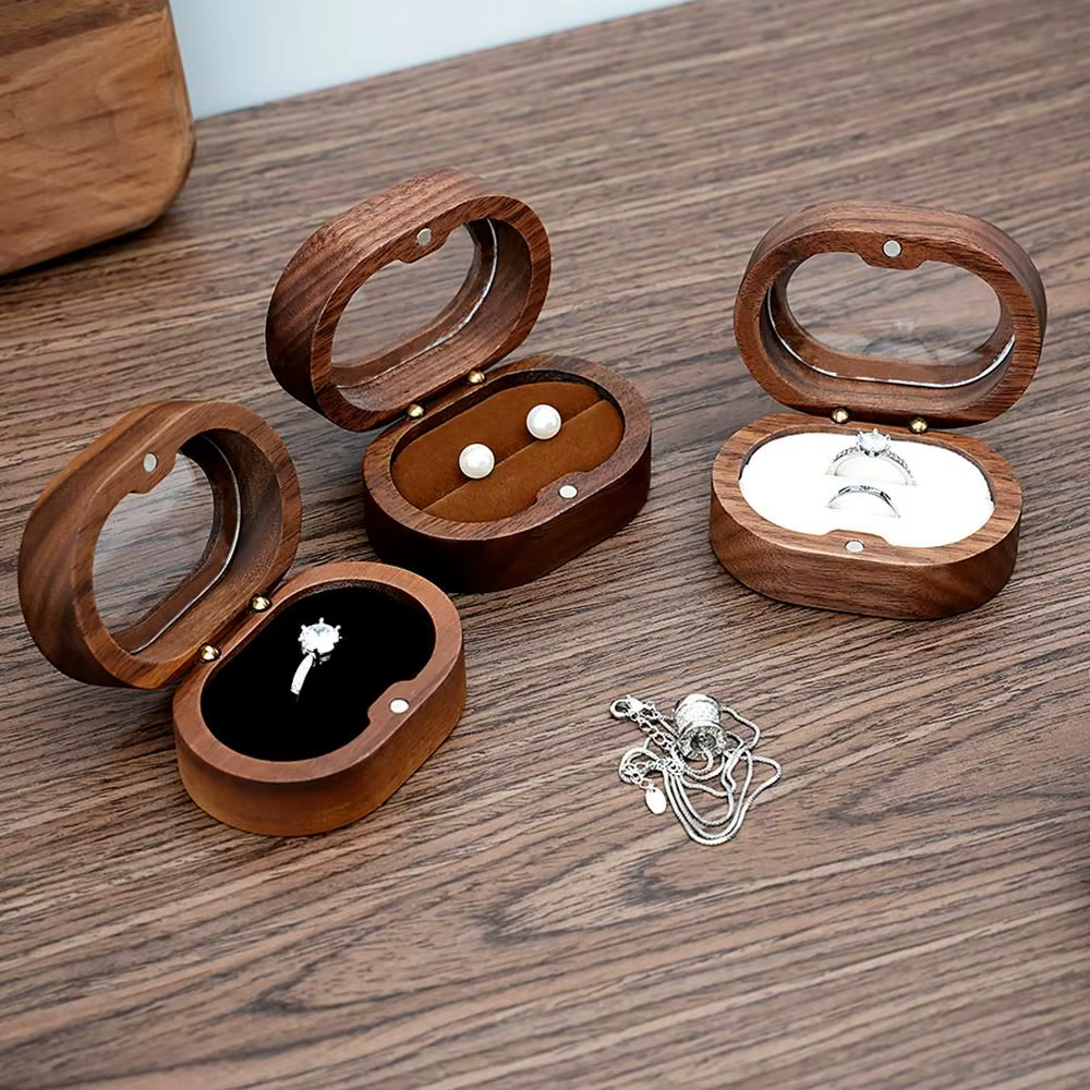 Boîte à bijoux ovale en bois pour femmes, présentoir pour bagues d'amoureux, support de rangement pour bagues de fiançailles et de mariage, étui pour perles, cadeau d'amour