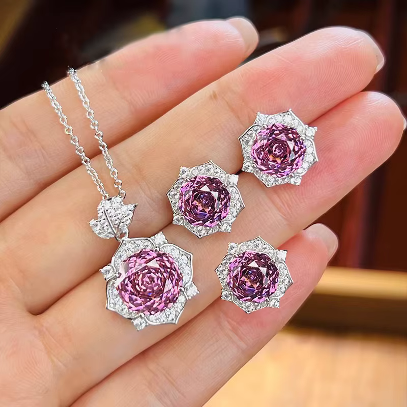 Parure de bijoux en diamants taillés en rose précieux - Bague de fiançailles/mariage