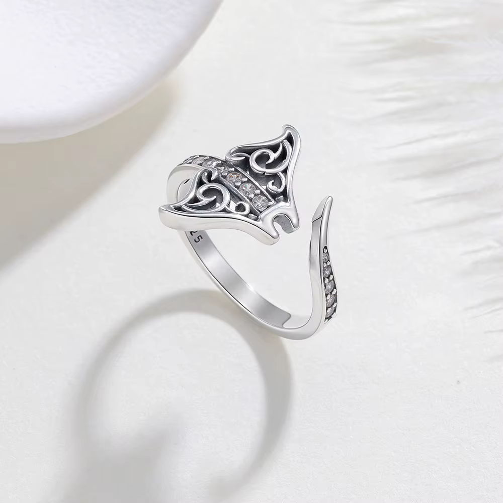 Bague bouche Manta Ray en argent Sterling S925
