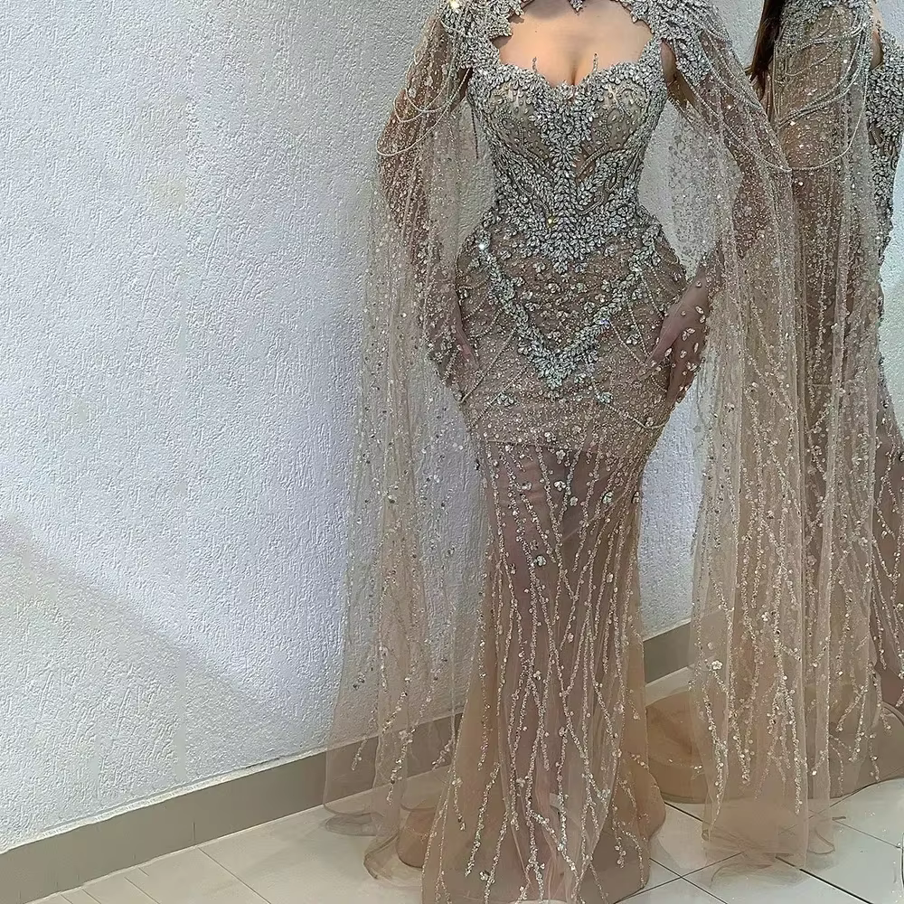 Serene Hill – robe de soirée sirène nue, couleur chair, avec perles, manches Cape amovibles, pour occasions formelles, personnalisée, LA72539, 2025