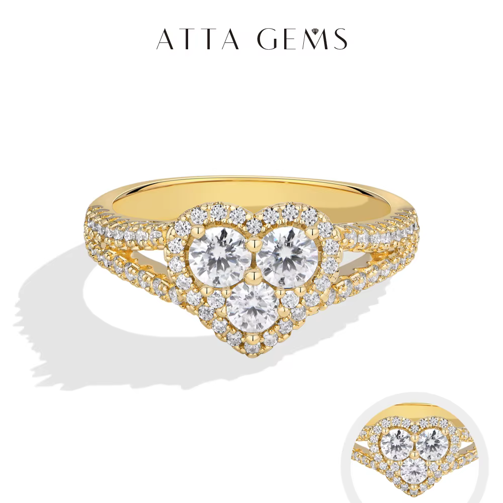 ATTAGEMS Bague Moissanite Cœur à Trois Pierres avec Halo pour Femme