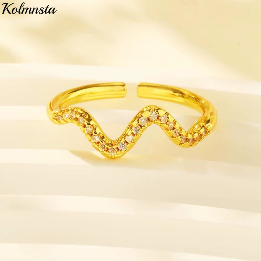 Kolmnsta brillant zircone vague en forme d'anneau ouvert pour les femmes plaqué or anneaux de mariage fête de fiançailles bijoux cadeaux Anel