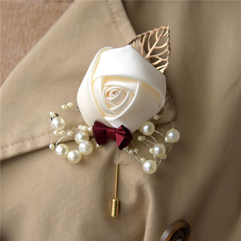 Cérémonie de mariage bal Corsage fleur Rose broche broches perle arc mariée marié fleurs boutonnière Satin ruban accessoires