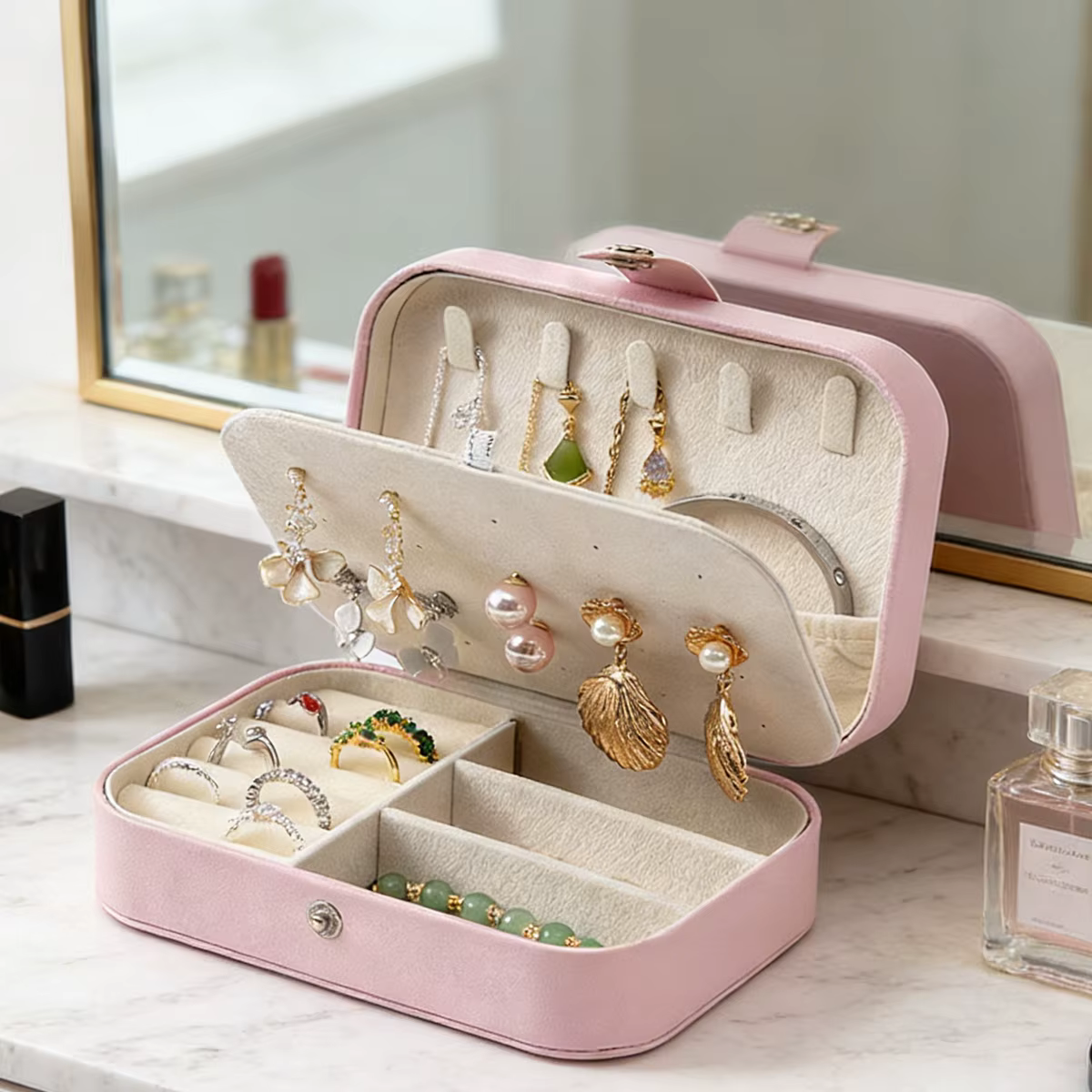 Boîte à bijoux Portable multi-compartiments avec doublure en velours
