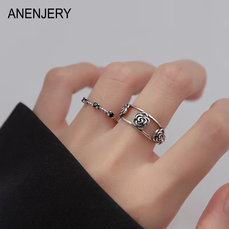 ANENJERY Rose fleur anneau ouvert pour les femmes personnalité corée Niche Design Thai argent rétro bague femme anel anillo