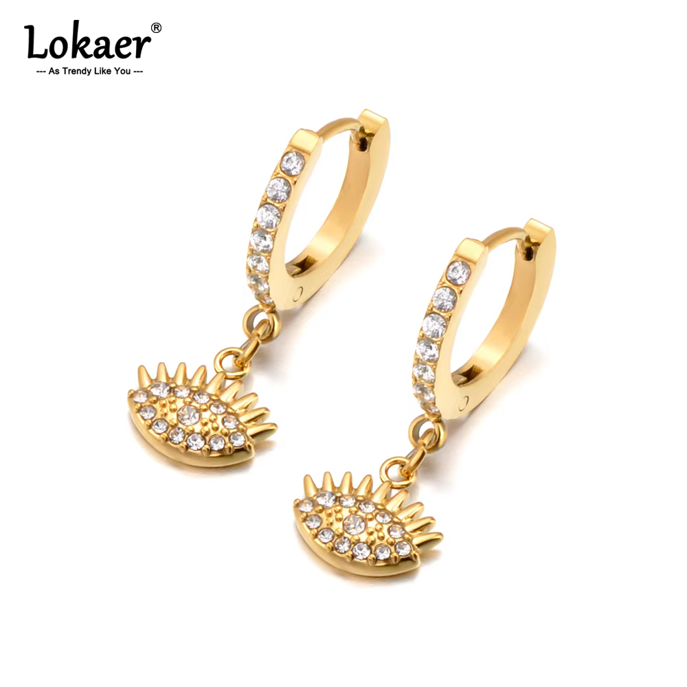 Lokaer ethnique Zircon mauvais œil pendentif boucles d'oreilles pour femmes en acier inoxydable 316L plaqué or boucle
