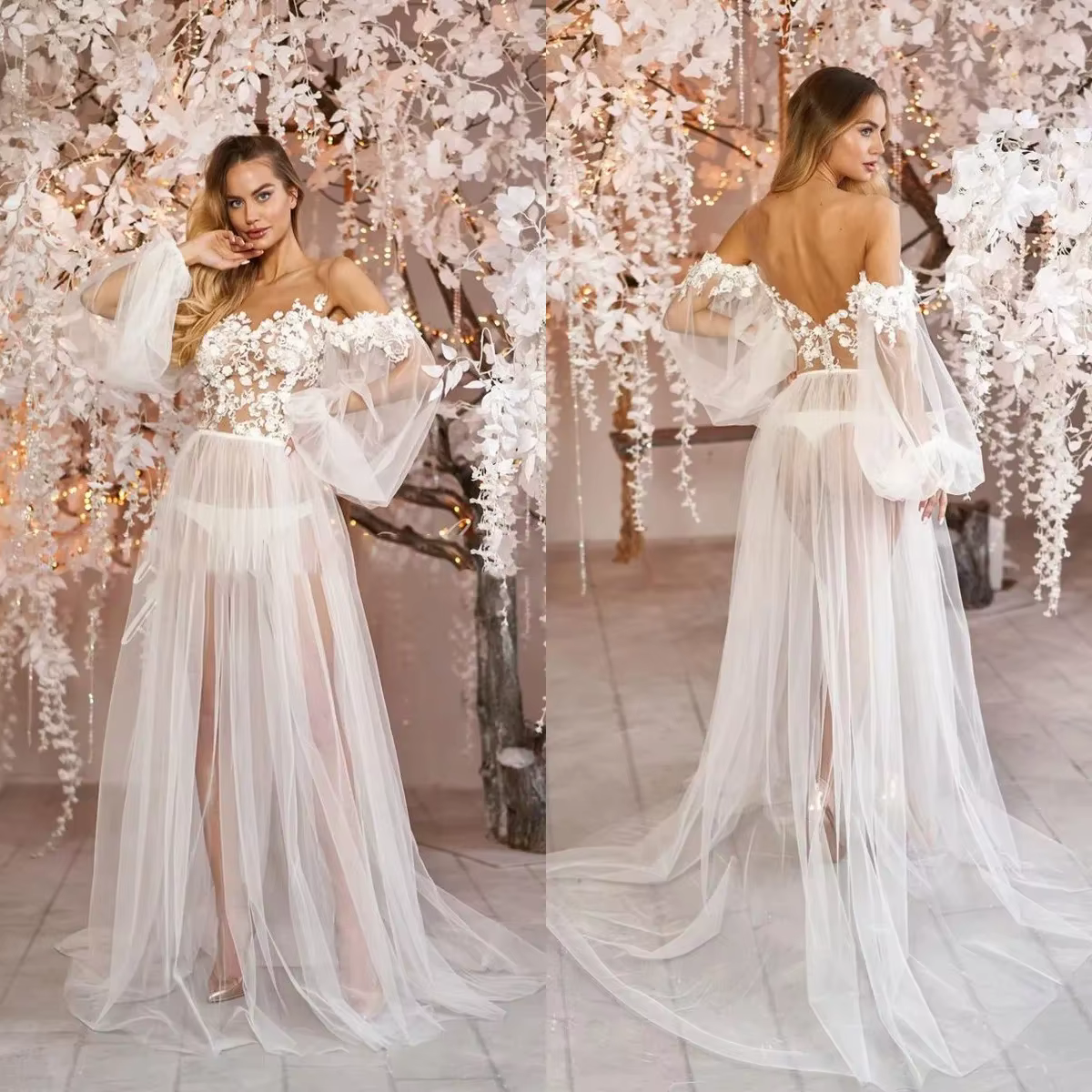 Robe de mariée personnalisée et chemise de nuit en dentelle blanche pour femme