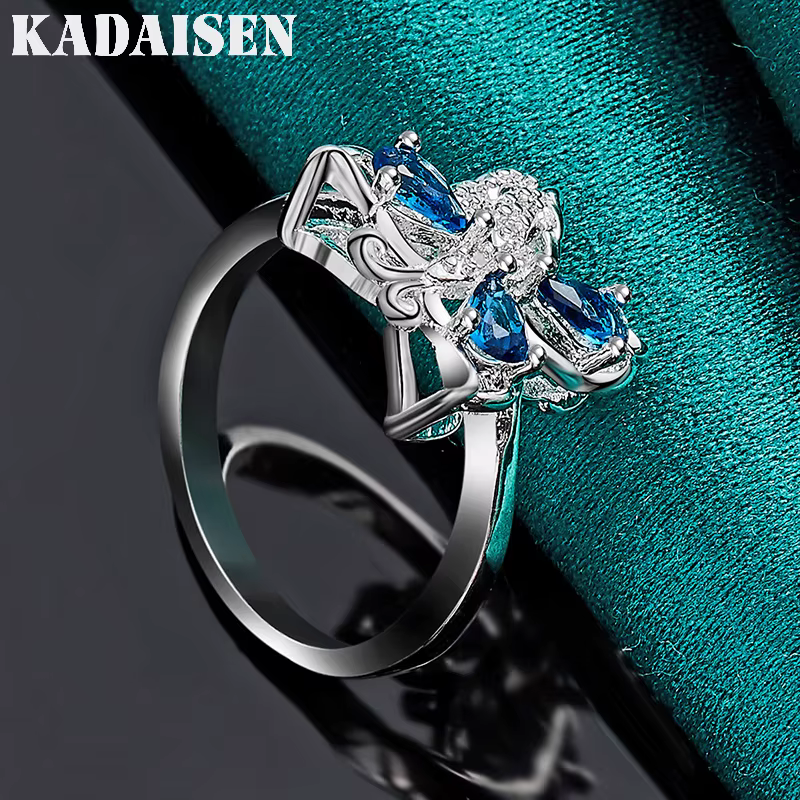 Papillon en argent sterling 925 avec zircon bleu 7-10 # Bague pour femmes