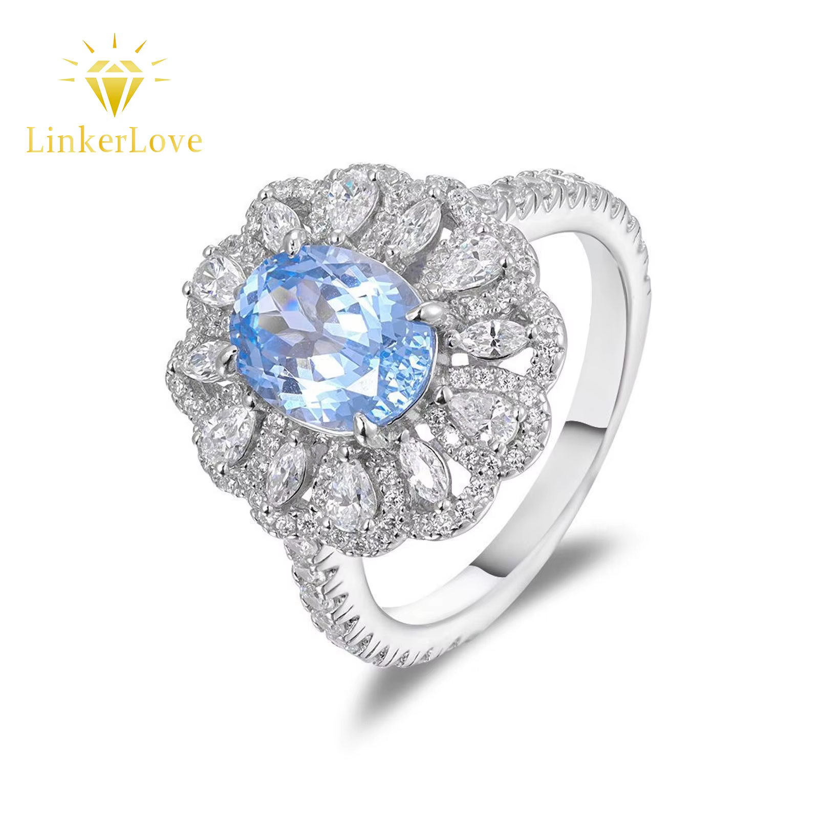 Bague de fiançailles LinkerLove en argent S925 avec spinelle bleue ovale 2 carats et accents de zircon