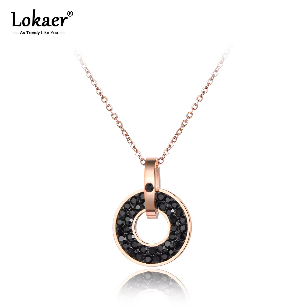 Lokaer – bijoux en acier inoxydable, pendentif en cristaux noirs et blancs, forme ronde, collier couleur or Rose, N18072