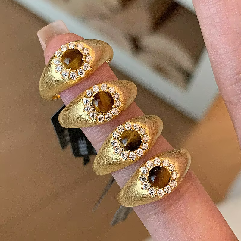 Bagues en pierre d'oeil de tigre vintage pour femmes