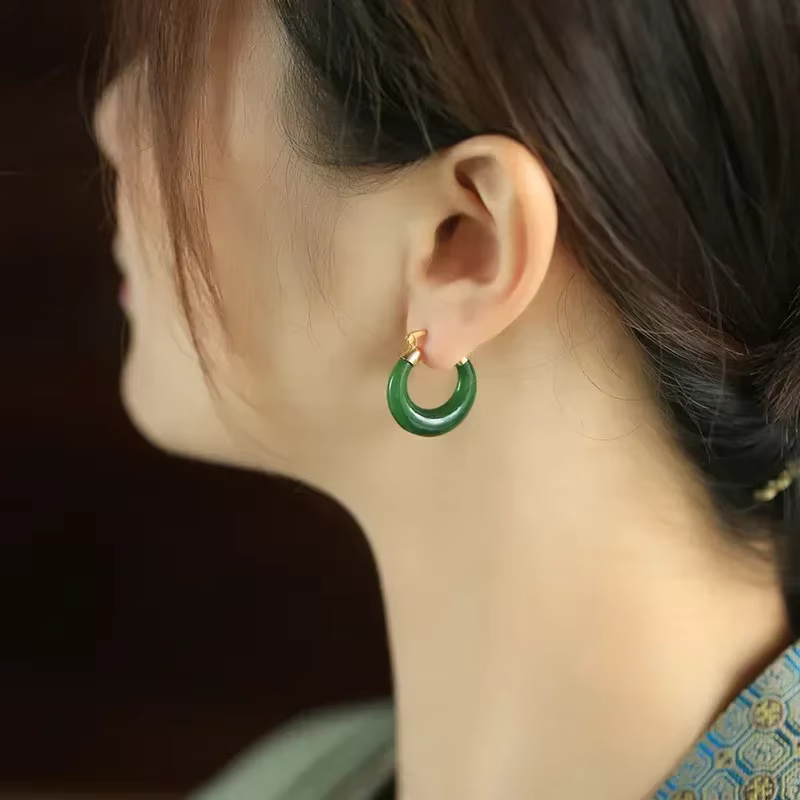Boucles d'oreilles créoles en jaspe Hetian naturel pour femmes