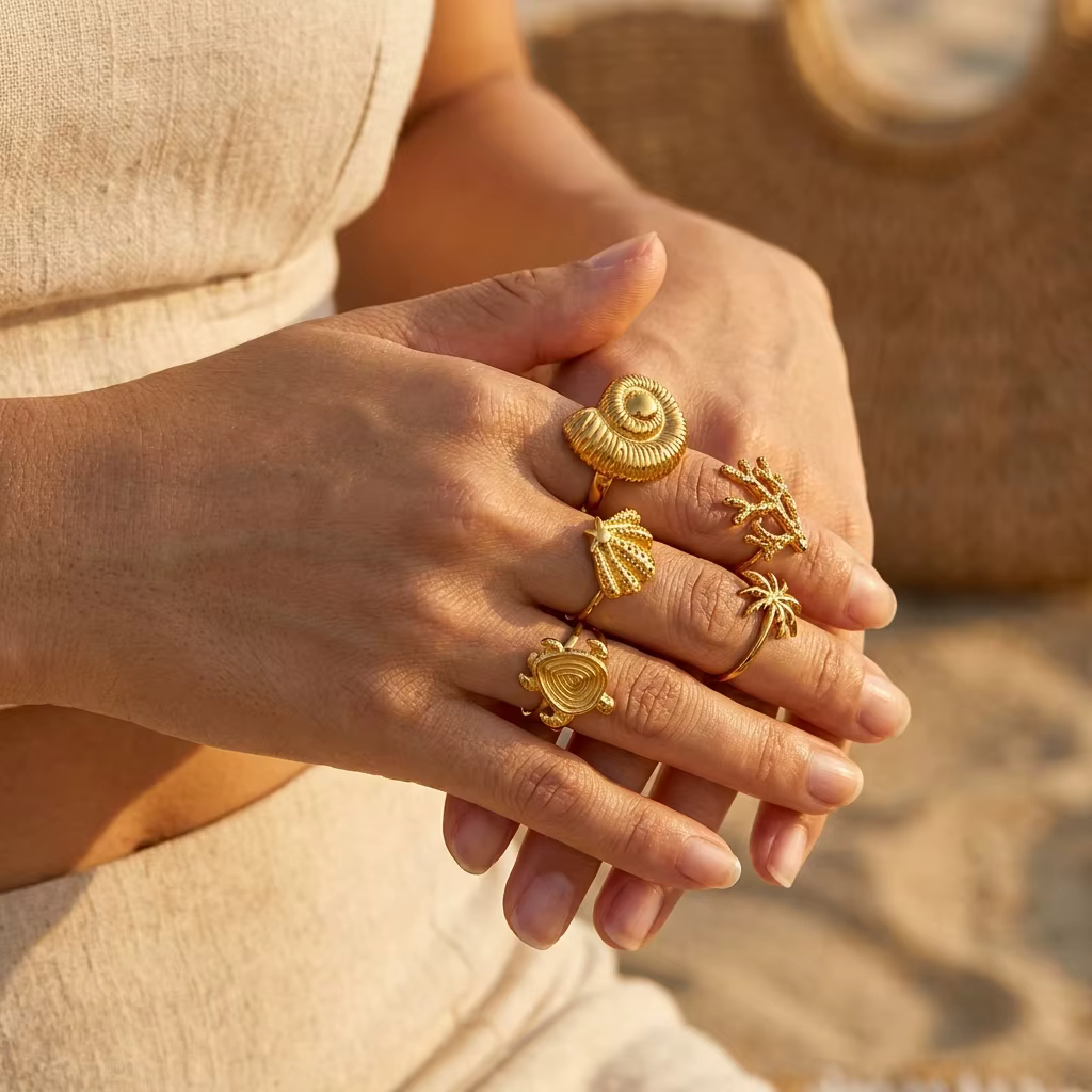 Bague Coquillage Doré Style Océan pour Femme en Acier Inoxydable, Bijou Spirale Massif Coquillage, Accessoire de Plage Estival