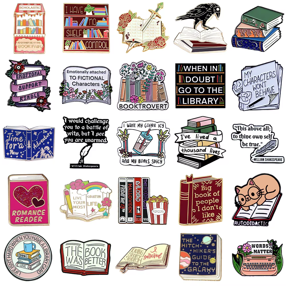 Broches en métal et émail pour Collection de livres mignons, lettres, lecteur romantique, Club, fleurs magiques, carte de bibliothèque, Badge Punk, broche, bijoux cadeau