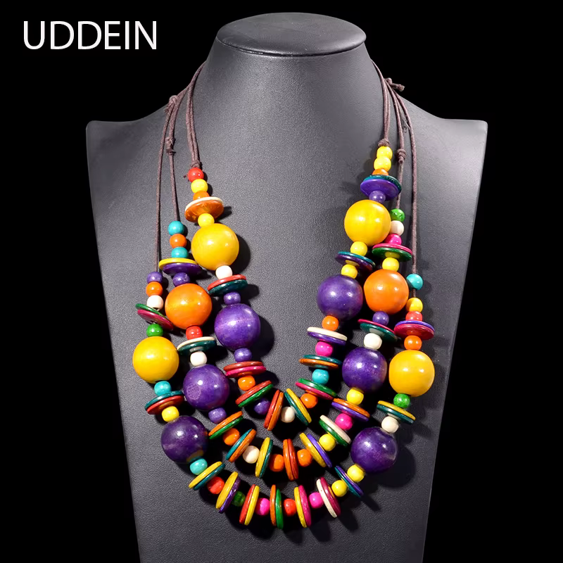 Collier et pendentif multicouches en bois de grosses perles faites à la main, chaîne en cuir réglable, bijoux bohème en bois, collier Vintage