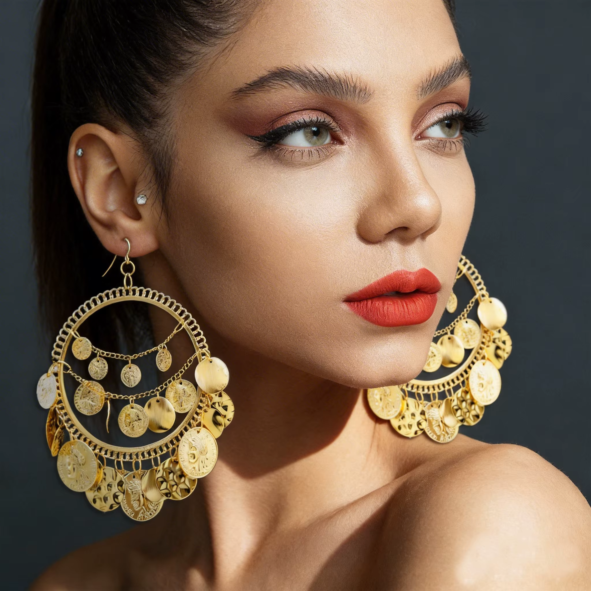 Pièces de monnaie tribales Vintage grand cerceau Banjara danse du ventre boucles d'oreilles gitane pendentif pour