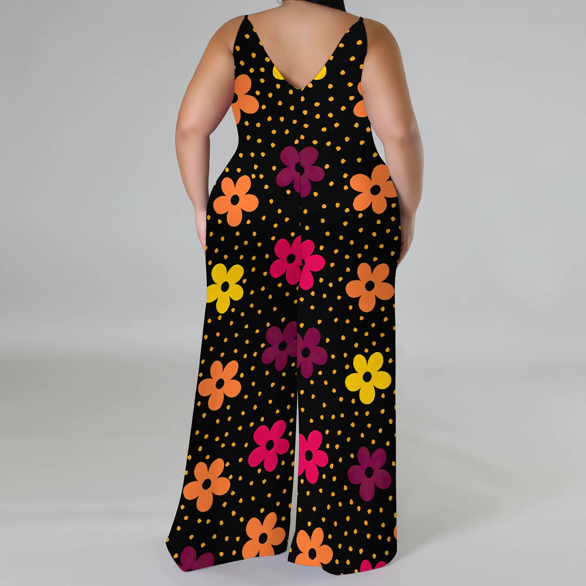 Combinaison florale grande taille – Barboteuse à jambes larges et épaules dénudées avec écharpe