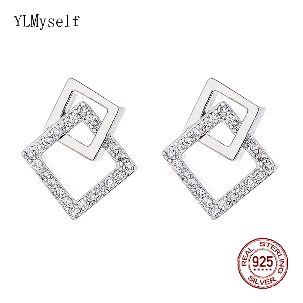 YLMyself 925 boucles d'oreilles carrées en argent pour femmes pavé CZ géométrique mode coréenne bureau dame bijoux