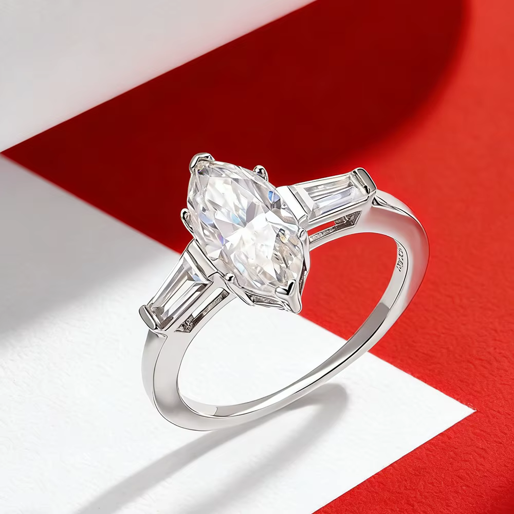 Bague BXINY en argent sterling 925 avec 3 pierres de moissanite taille marquise pour femme, alliance de mariage conique avec diamants baguette, cadeau de joaillerie fine