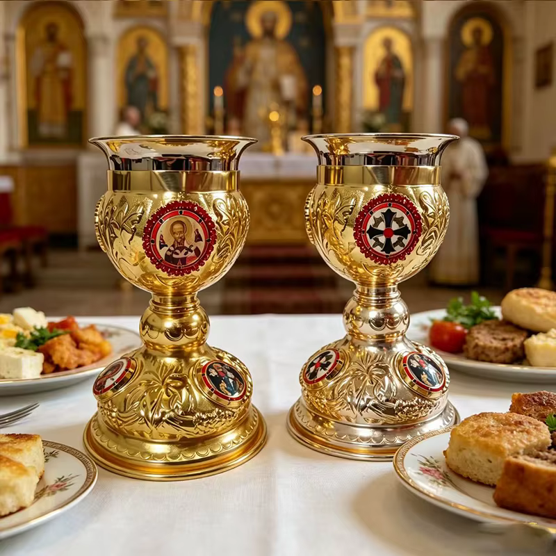 Nouveau Calice de Communion Orthodoxe Plaqué Or avec Reliefs d'icônes Émaillées pour l'Utilisation dans l'Altier de