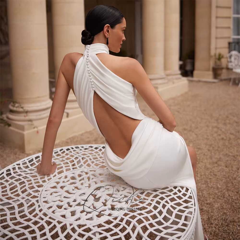 QICHE élégant col haut plissé sirène robe de mariée femmes sans manches dos ouvert