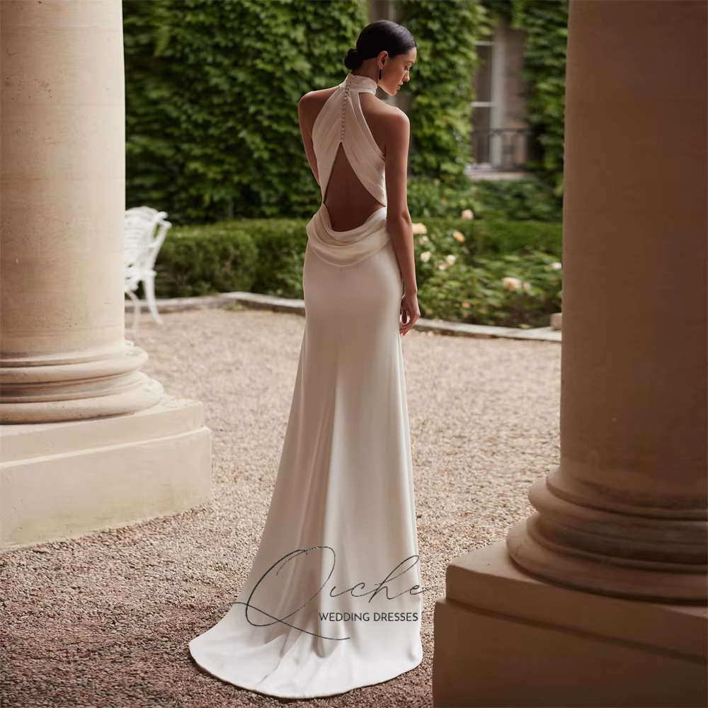 QICHE élégant col haut plissé sirène robe de mariée femmes sans manches dos ouvert