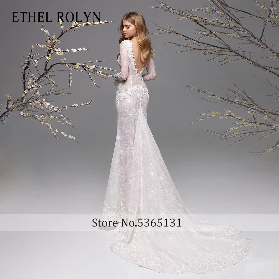 ETHEL ROLYN robe De mariée sirène à manches longues col en v profond imprimé fleuri dos nu