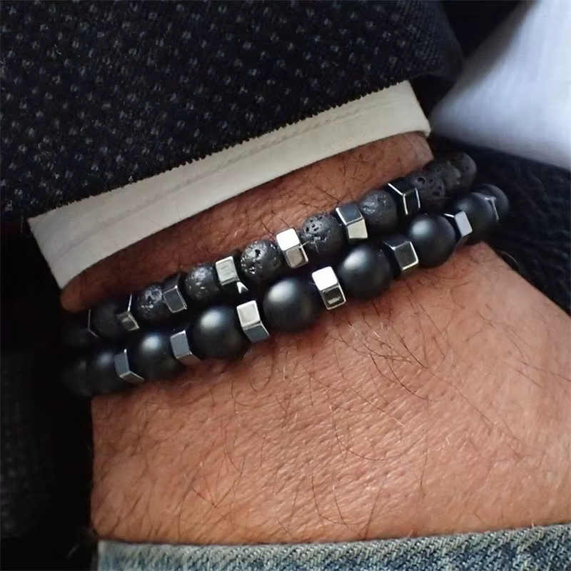2 pièces/ensemble Bracelet de perles hommes pierre de lave Agate oeil de tigre perle charme hommes femmes Bracelet ensembles bijoux meilleurs cadeaux Pulsera Hombre