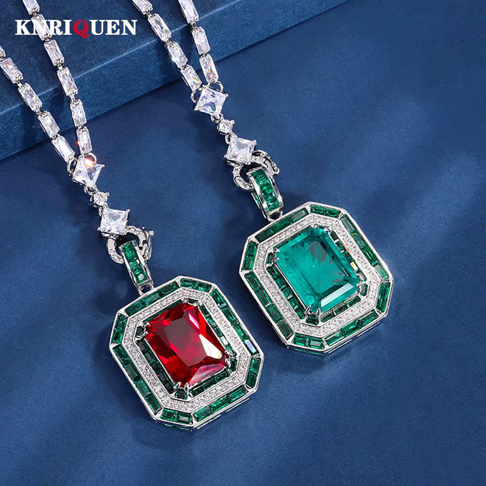 Pendentif AdrenPendant en Émeraude pour Femme, Bijoux Fins Vintage, Colliers de Joprésidence pour Femme, Pierre Précieuse, Diamant de Laboratoire, Cocktail, Cadeau pour Dame, 12x16mm