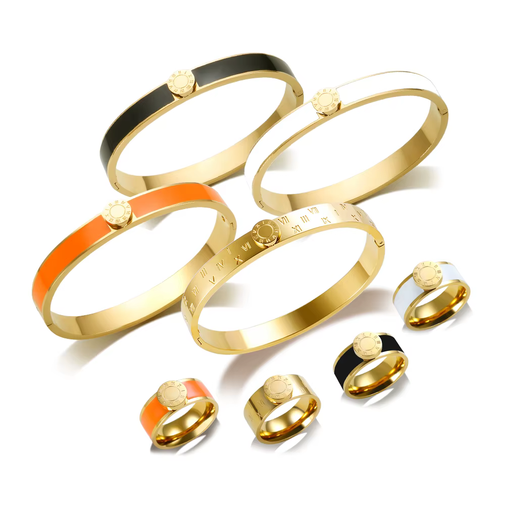 JINHUI acier inoxydable émail Bracelet bague ensemble pour femmes rond chiffres romains