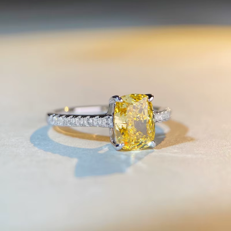 Bague en argent S925 avec diamant à haute teneur en carbone 2CT et pierres jaunes pour femme