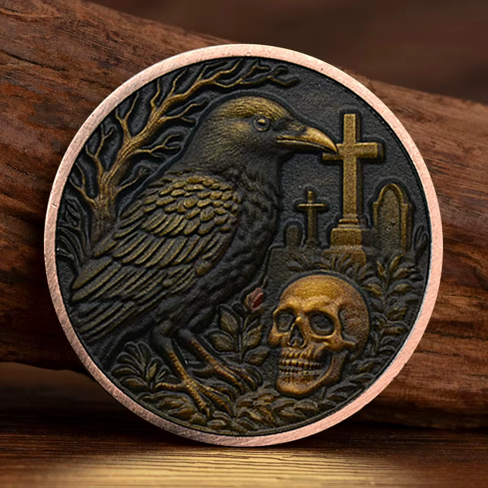 Memento Mori crâne Rose commémoratif plaqué corbeau croix pièce à collectionner décoration de la maison