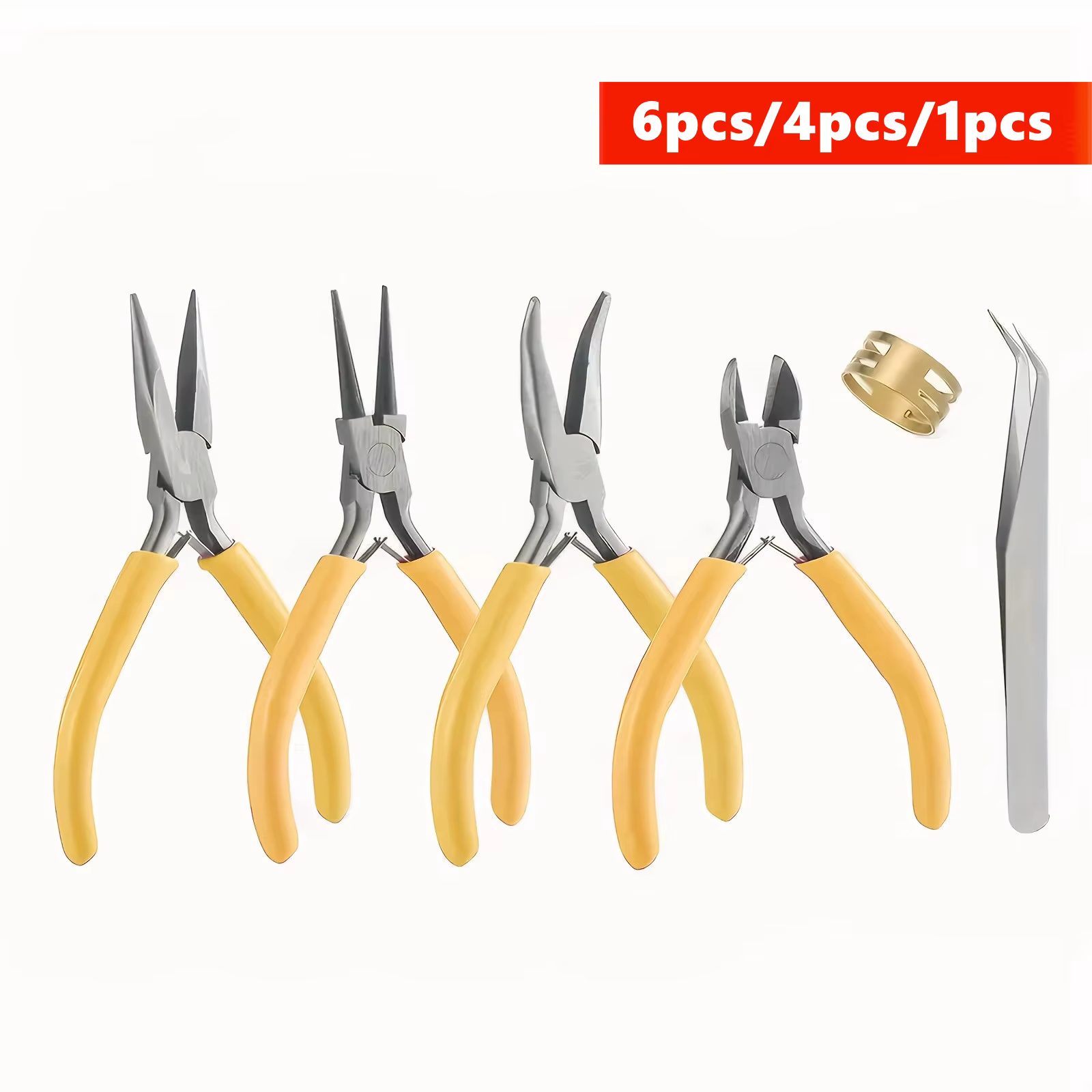 Ensemble de pinces jaunes pour la fabrication de bijoux, 6/4/1 pièces, à bec fin, à bec rond, coupe-fil, à bec courbé, pinces pour la réparation de bijoux DIY