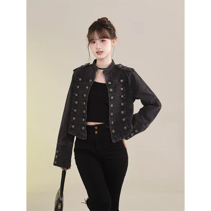 Vêtements pour femmes manteau court nouvelle veste en jean rétro bouton conception mince col montant manches longues