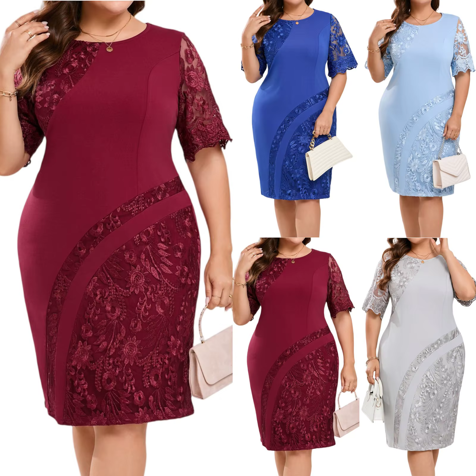 Robe élégante grande taille pour femme manches courtes épissées Robes de soirée brodées en dentelle
