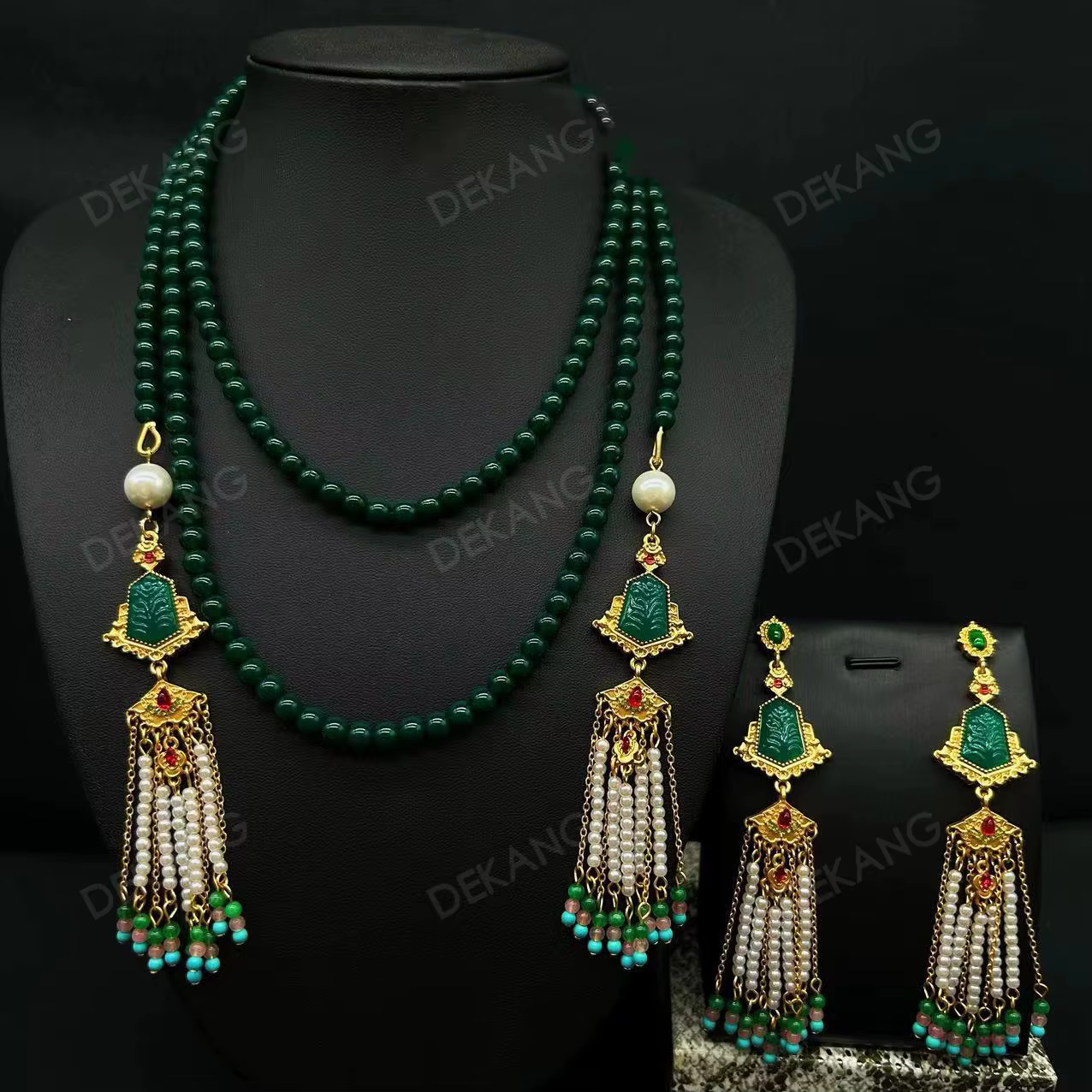 Nouveau Collier et boucles d'oreilles totem à thème ethnique de perles à franges de Style chinois