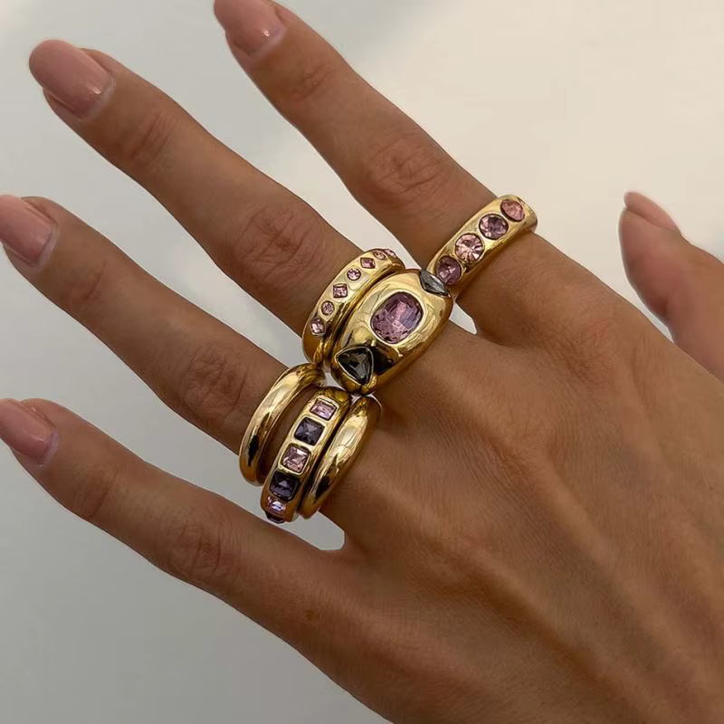 Bagues d'ouverture réglables en Zircon violet Punk pour femmes, ensemble de bagues de couleur or lisse, bijoux quotidiens, cadeaux, 6 pièces/ensemble