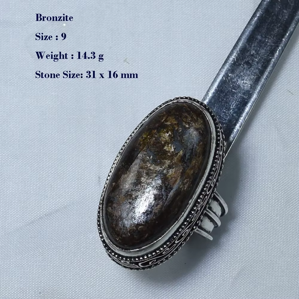 Bague Antique Véritable Amazonite Bronzite Jaspe Agate