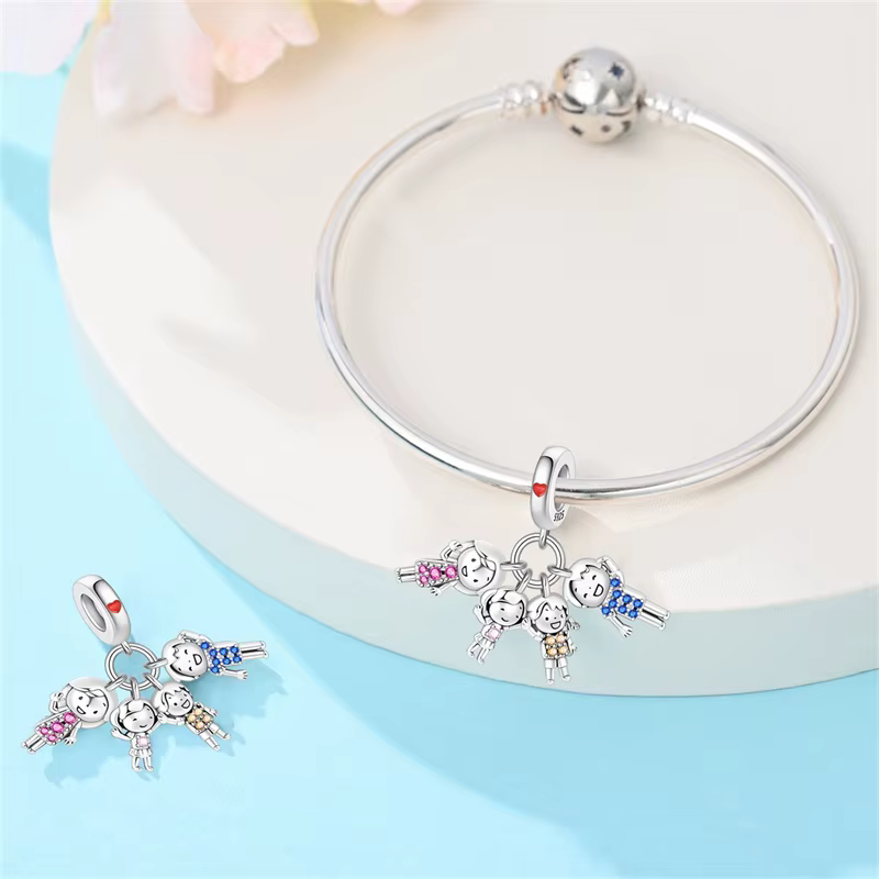 Pendentif en argent Sterling 925 avec breloques de famille joyeuses