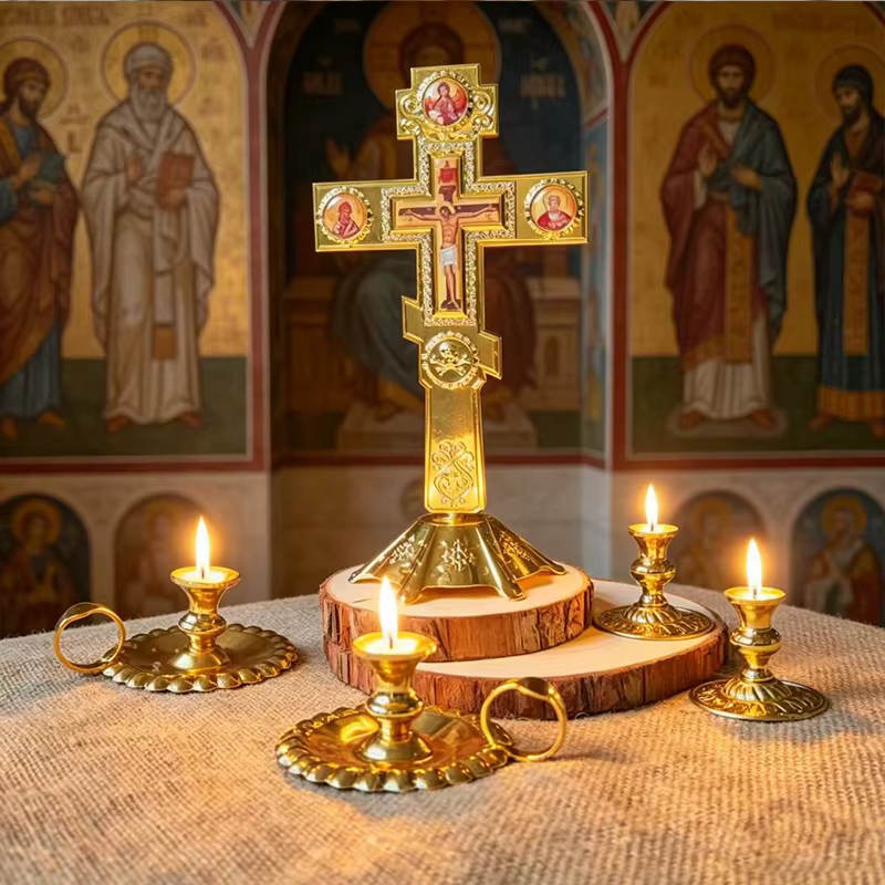 Nouvelle croix orthodoxe artisanale plaquée or avec icônes saintes et base pour la liturgie de l'église