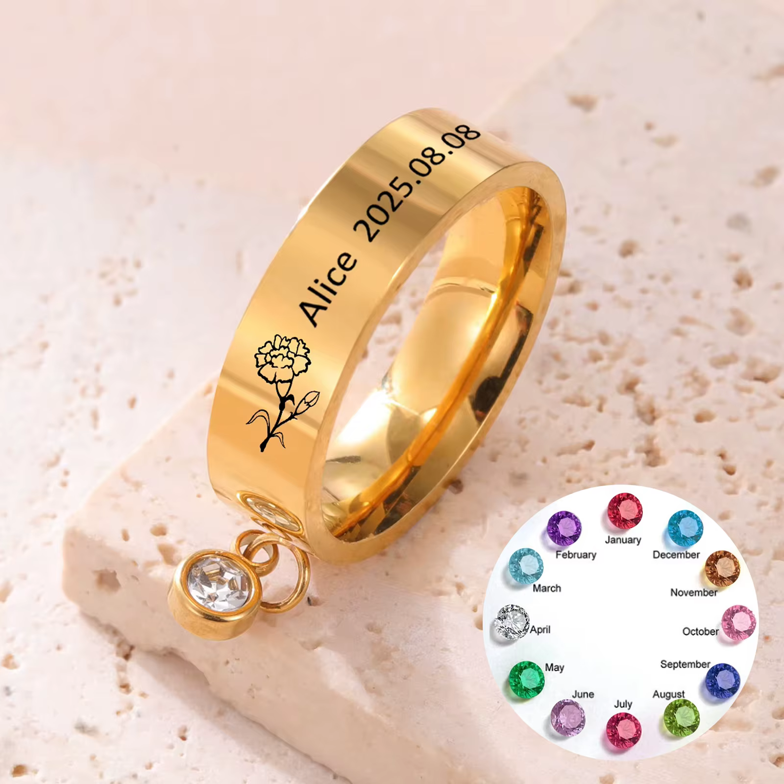 Bague personnalisée avec pierre de naissance gravée