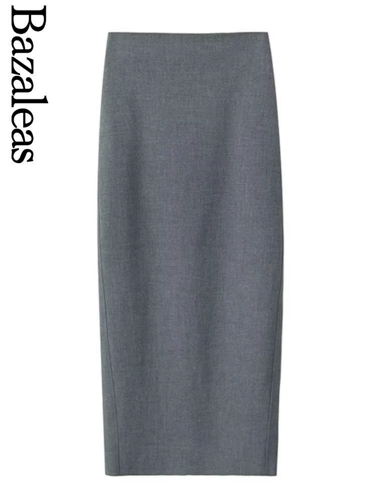 Bazaleas 2024 élégant gris femmes jupe longue officiel taille haute paquet hanche a-ligne jupes