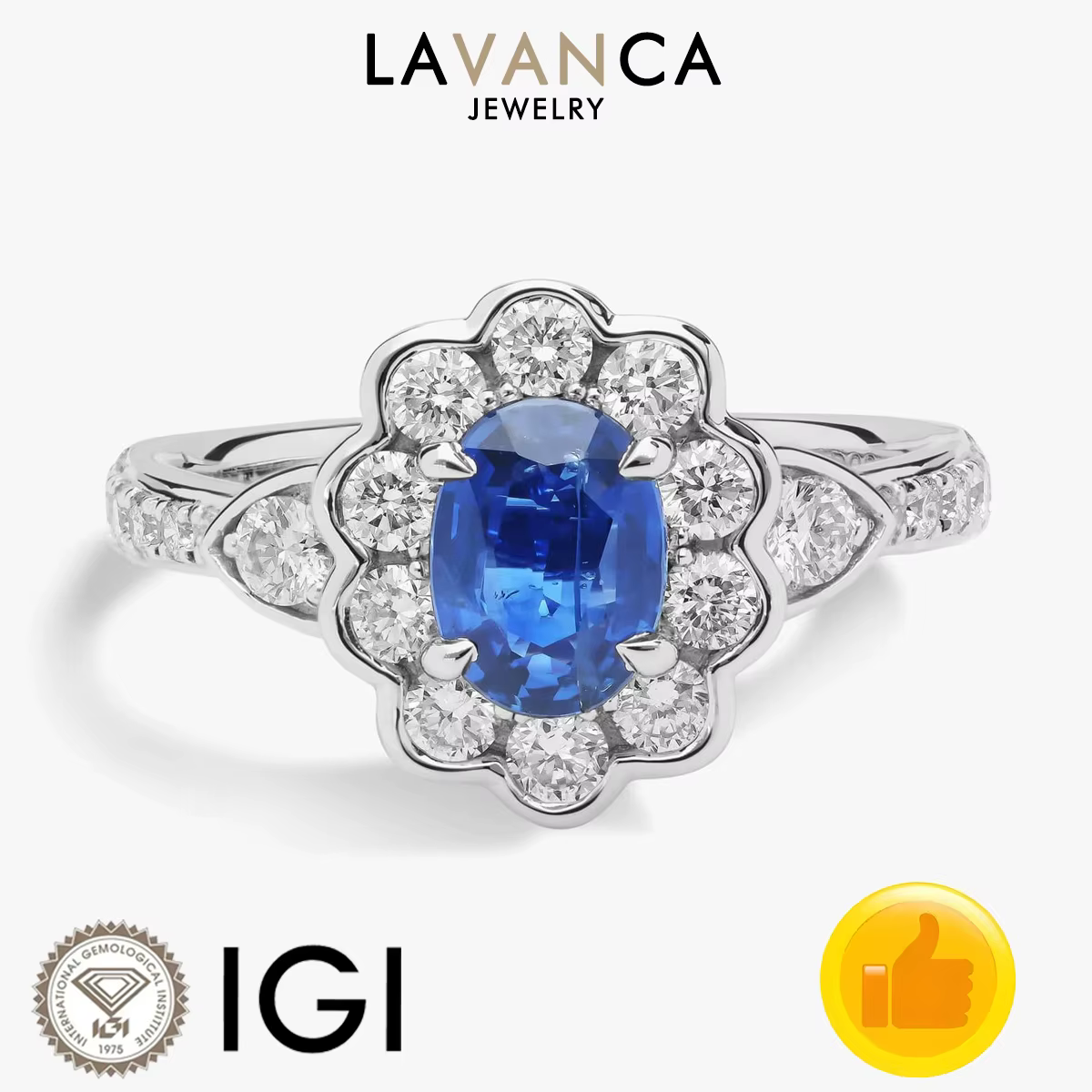 Bague en or blanc 9K/14K/18K avec saphir de laboratoire et diamant