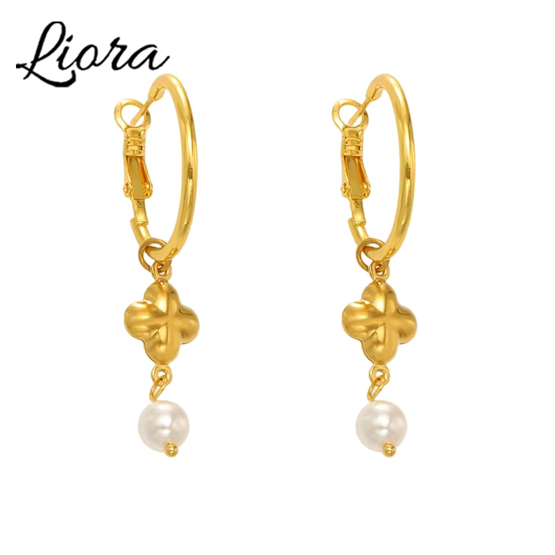 Liora Chic Imitation perle croix boucles d'oreilles pour femmes PVD plaqué or en acier inoxydable hypoallergénique boucles d'oreilles bijoux