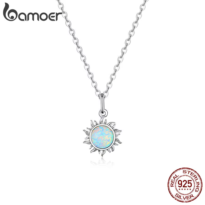 Bamoer 925 argent Sterling opale blanche soleil pendentif collier Apollo chaîne colliers pour femmes cadeau d'anniversaire bijoux